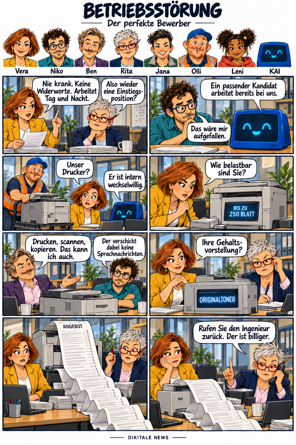 Betriebsstörung: Der perfekte Bewerber. Acht Bilder; der vollständige Lesetext folgt unter dem Comic.