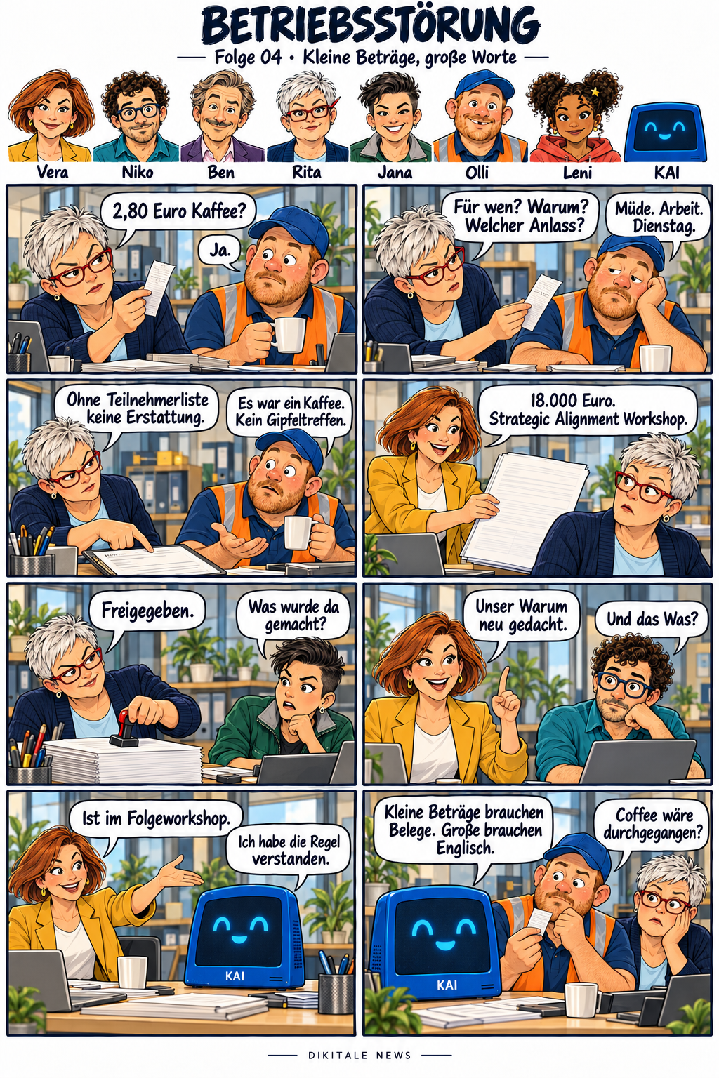 Betriebsstörung: Kleine Beträge, große Worte. Acht Bilder; der vollständige Lesetext folgt unter dem Comic.