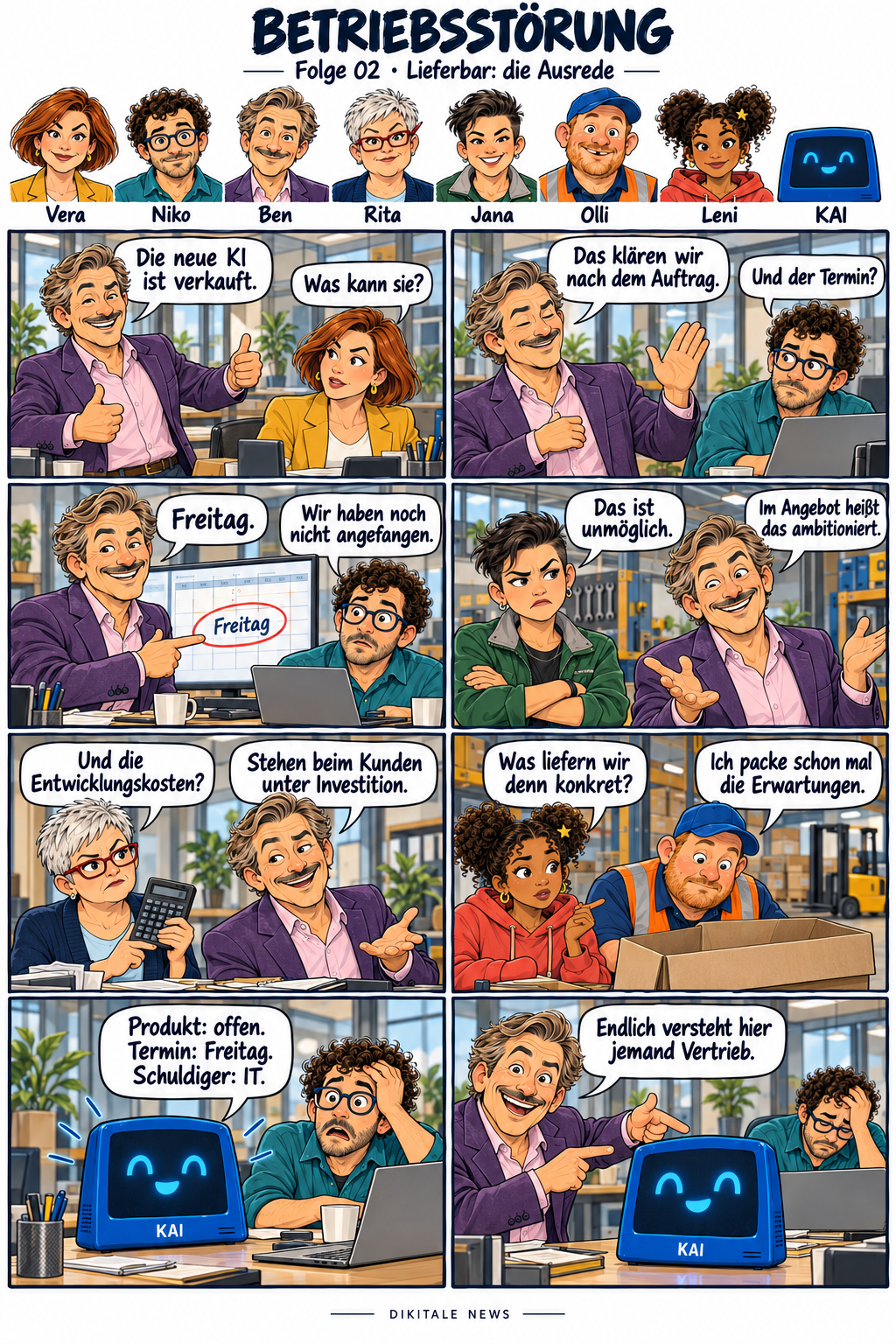 Betriebsstörung: Lieferbar: die Ausrede. Acht Bilder; der vollständige Lesetext folgt unter dem Comic.