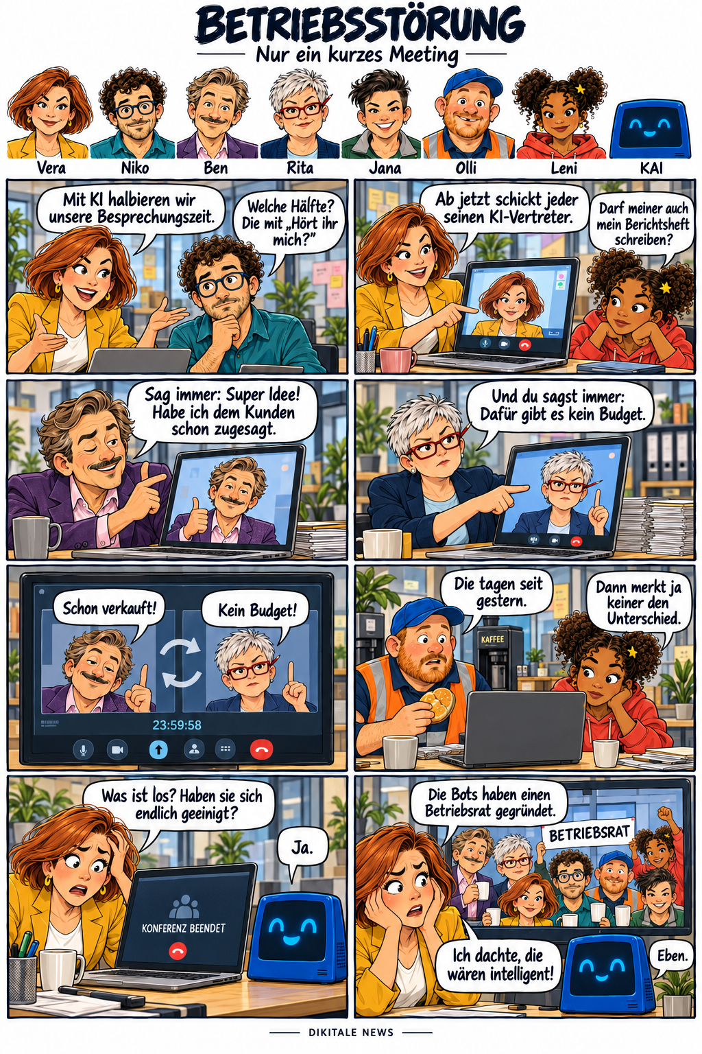 Betriebsstörung: Nur ein kurzes Meeting – Neufassung. Acht Bilder; der vollständige Lesetext folgt unter dem Comic.