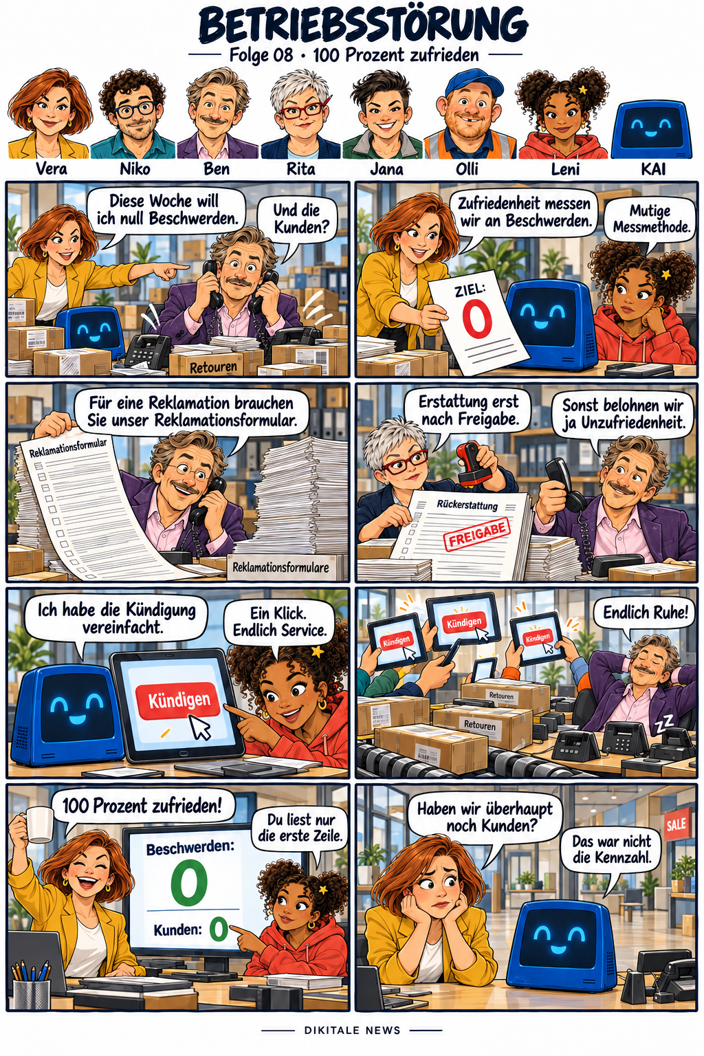 Betriebsstörung: 100 Prozent zufrieden. Acht Bilder; der vollständige Lesetext folgt unter dem Comic.