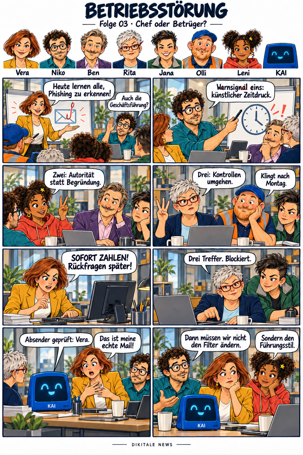 Betriebsstörung: Chef oder Betrüger?. Acht Bilder; der vollständige Lesetext folgt unter dem Comic.