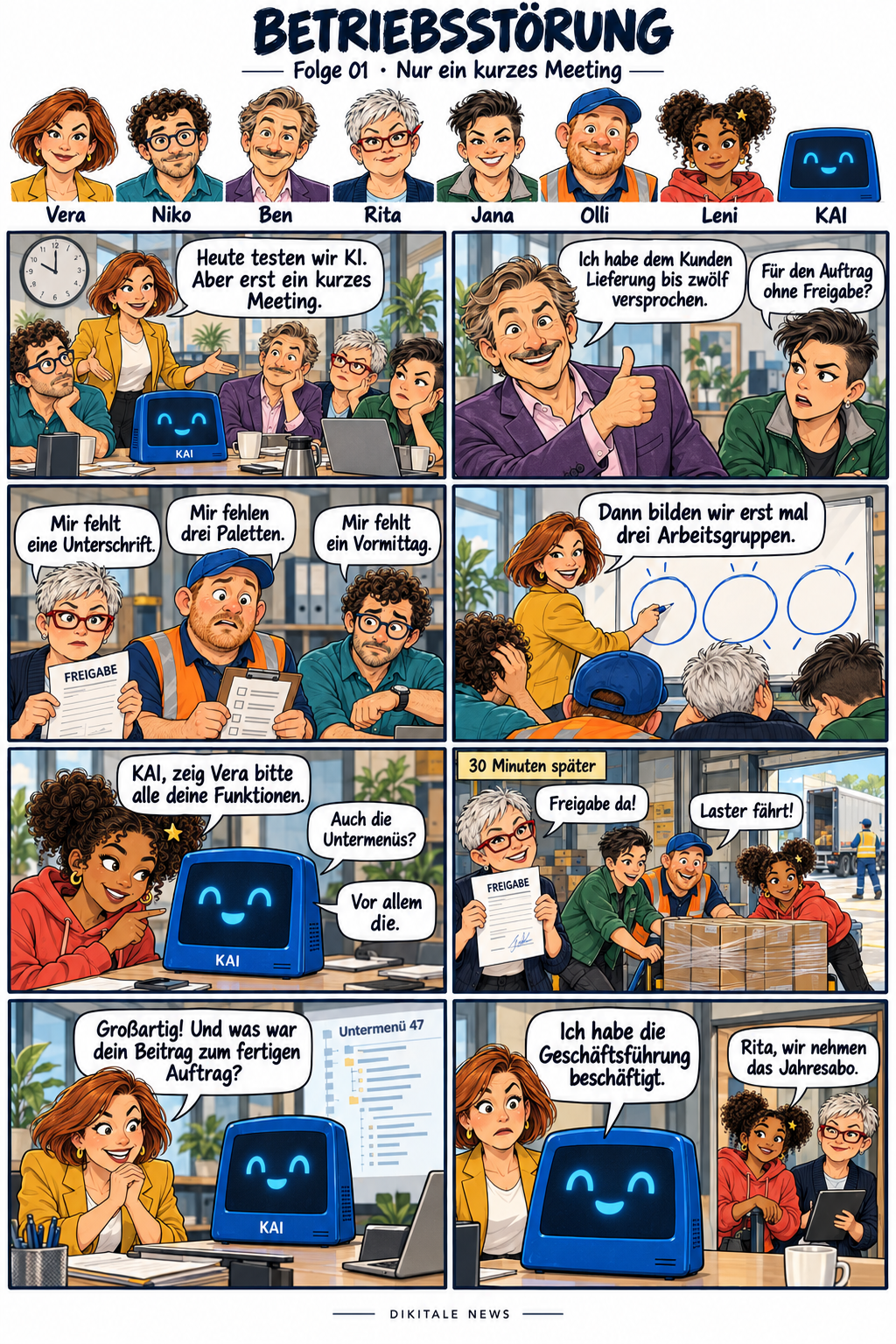 Betriebsstörung: Nur ein kurzes Meeting. Acht Bilder; der vollständige Lesetext folgt unter dem Comic.
