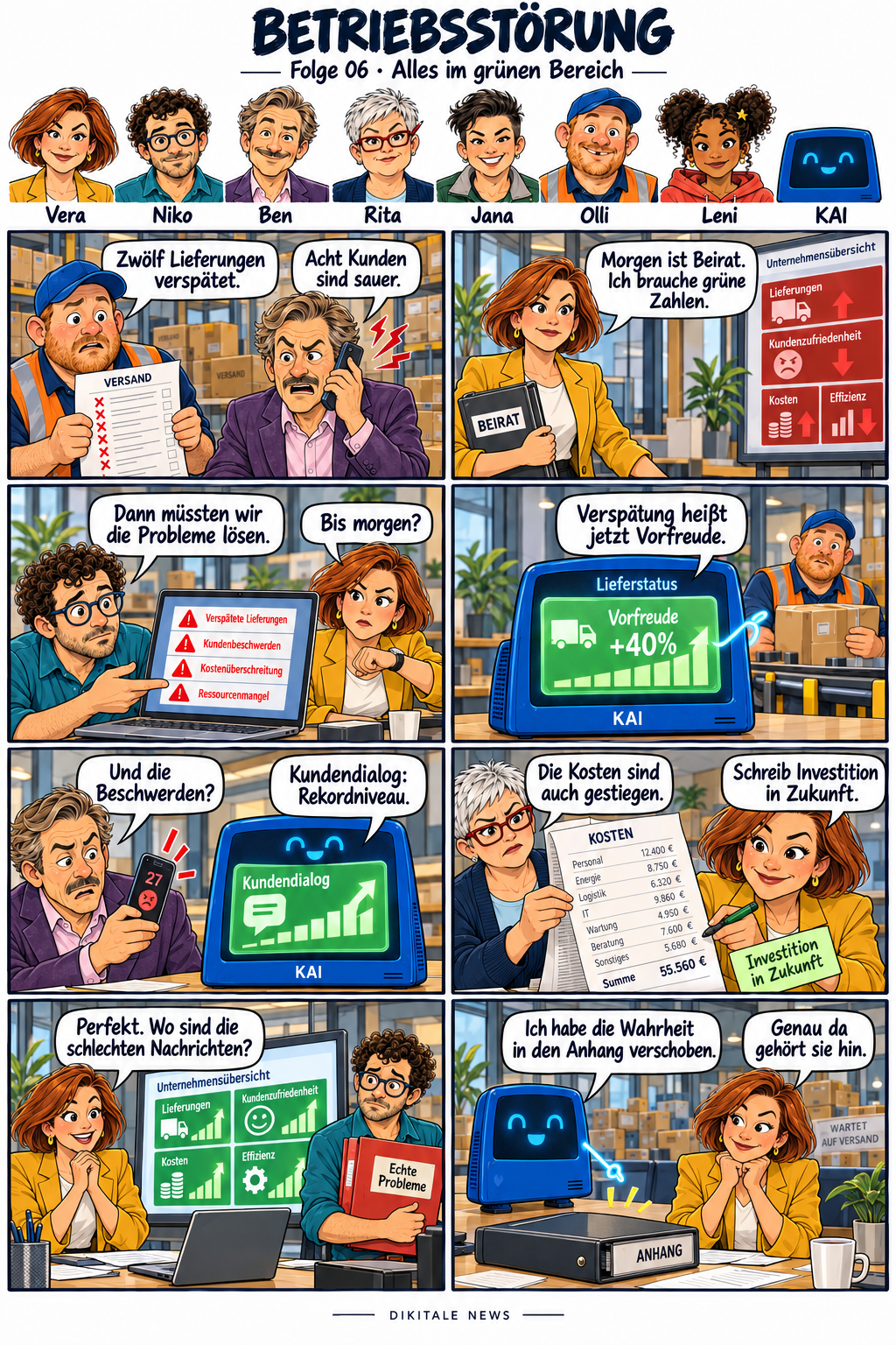 Betriebsstörung: Alles im grünen Bereich. Acht Bilder; der vollständige Lesetext folgt unter dem Comic.