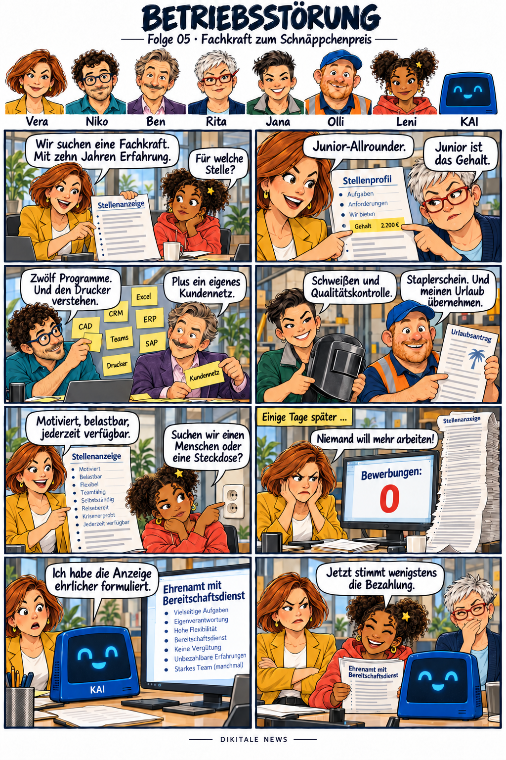 Betriebsstörung: Fachkraft zum Schnäppchenpreis. Acht Bilder; der vollständige Lesetext folgt unter dem Comic.