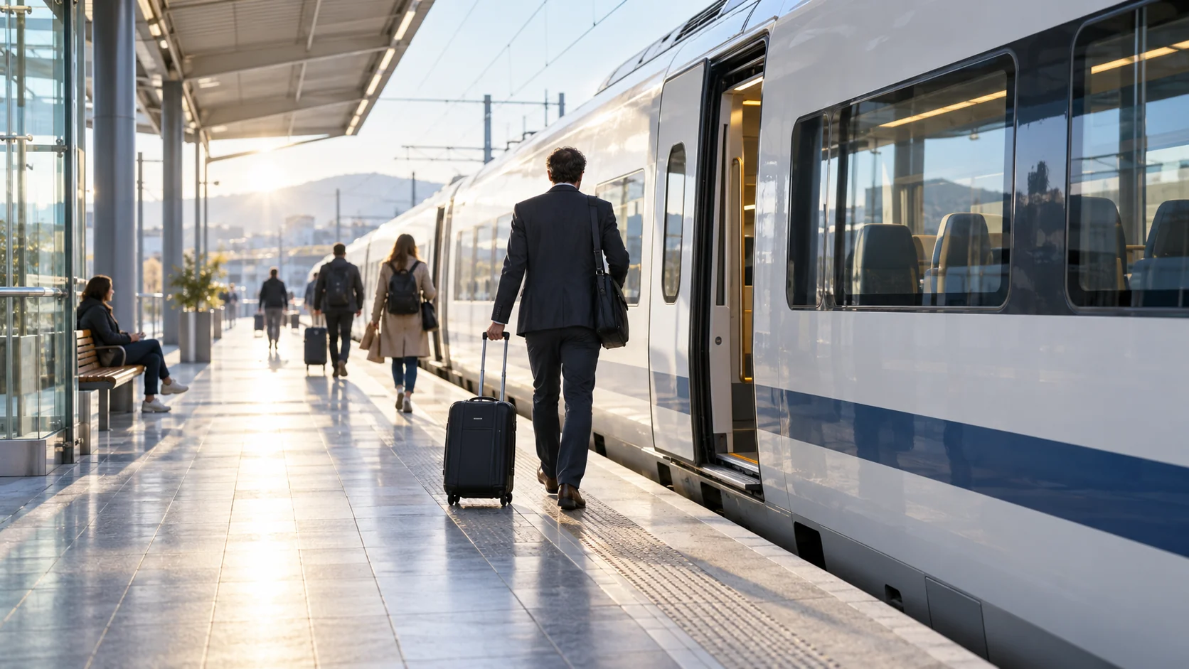 Reisende mit Rollkoffern gehen auf einem Bahnsteig neben einem Personenzug.